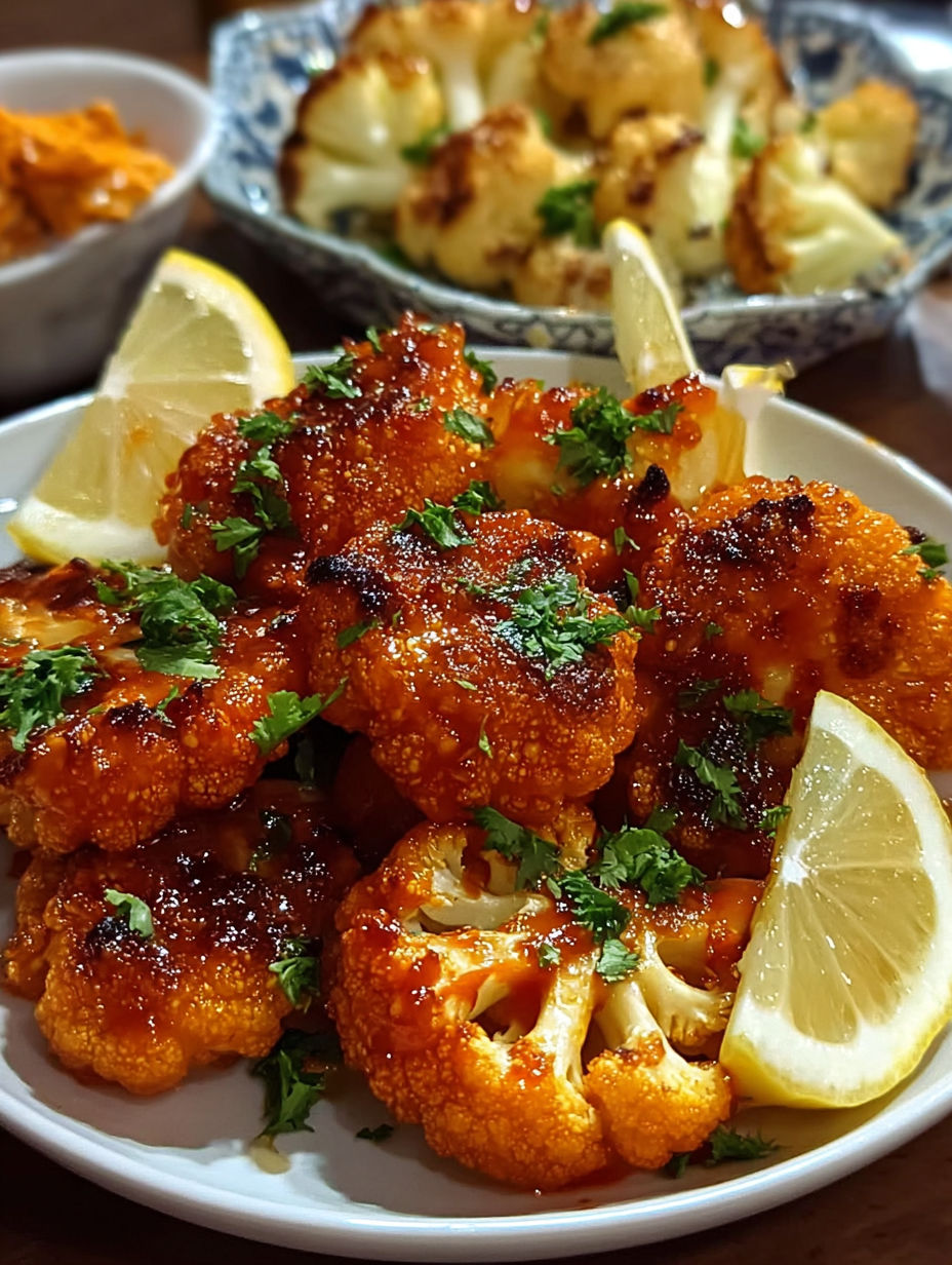 A plate of food with lemon wedges on top.