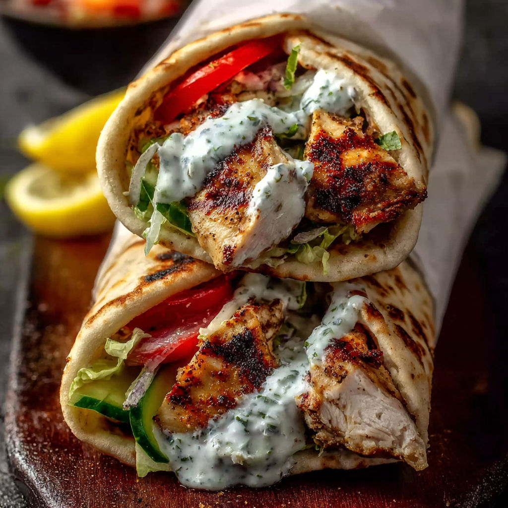 A Greek chicken souvlaki is served on a wooden platter.