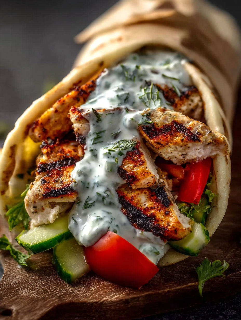 A Greek chicken souvlaki with tomatoes, cucumbers, and sauce.