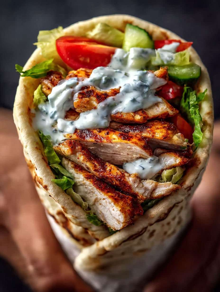 A Greek chicken souvlaki is served with lettuce, tomatoes, and a white sauce.