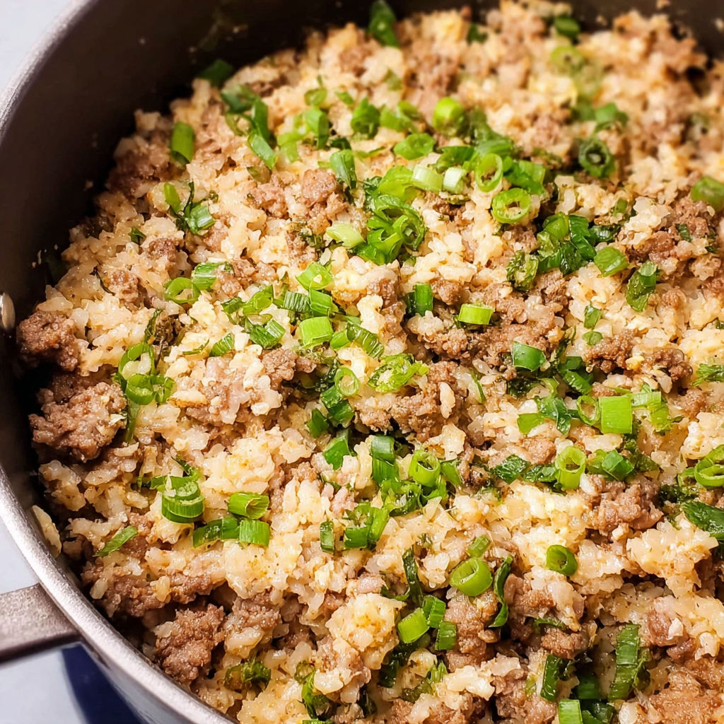 A pot of dirty rice with green onions.