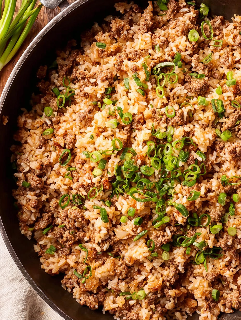 A pan of dirty rice with green onions.
