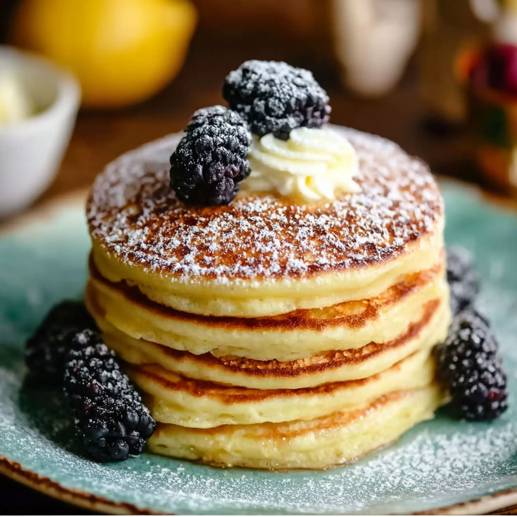 A stack of pancakes with blackberries on top.