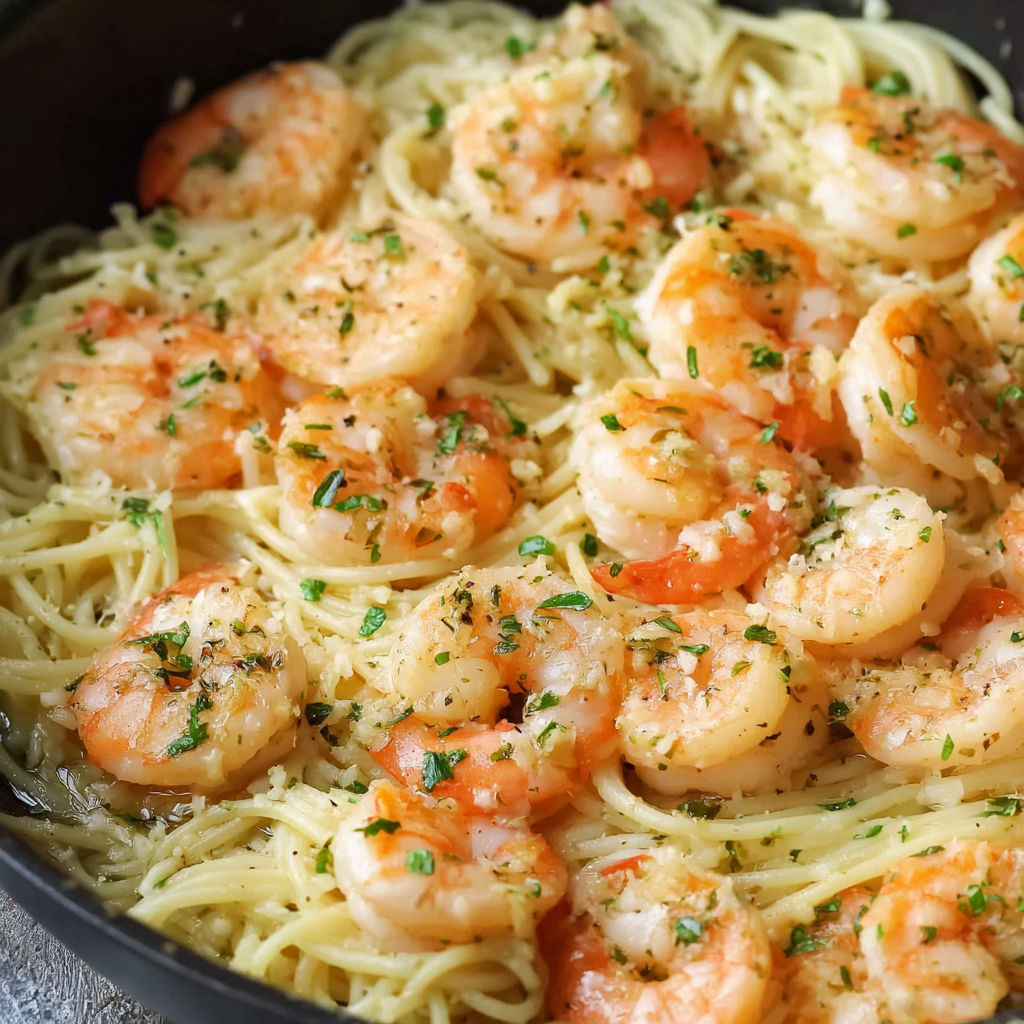 A bowl of shrimp scampi with spices.