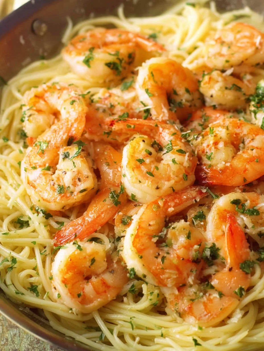 A bowl of shrimp scampi with spices.