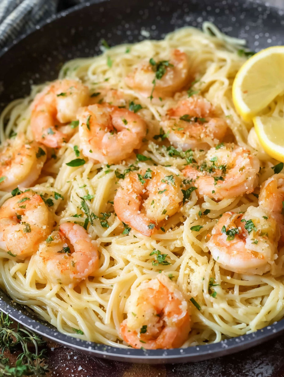 A bowl of shrimp scampi with pasta.