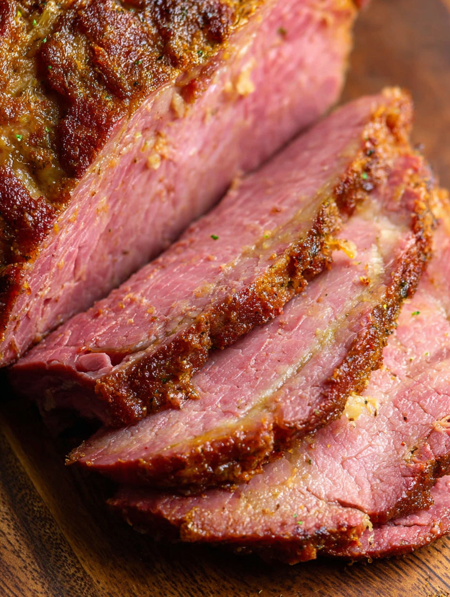 A piece of corned beef in a wooden bowl.