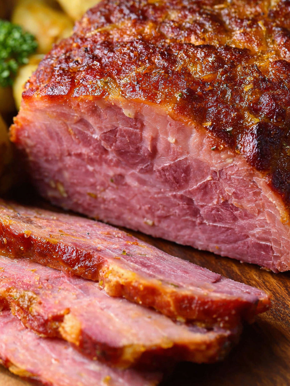 A piece of corned beef sits on a wooden table.