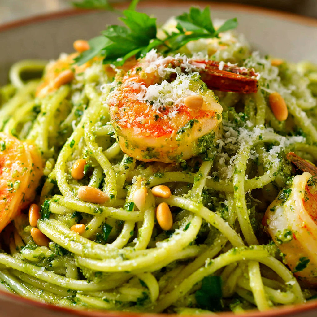 A bowl of pasta with shrimp and pesto.