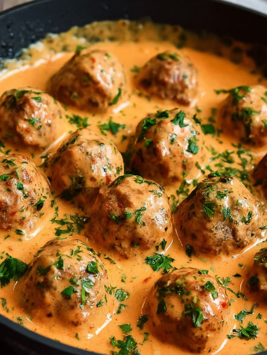 Meatballs in a creamy tomato basil sauce.