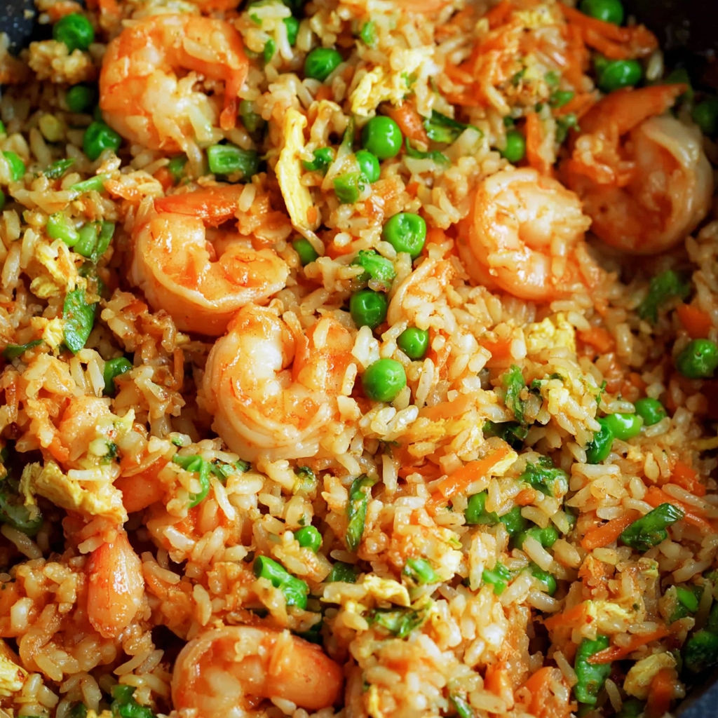 A bowl of shrimp fried rice.