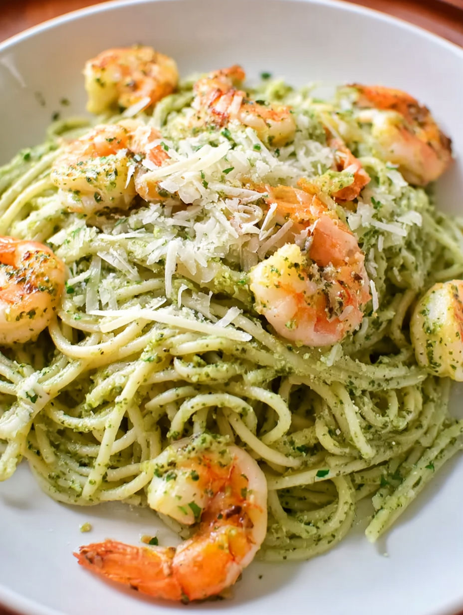 A plate of pasta with shrimp and pesto.