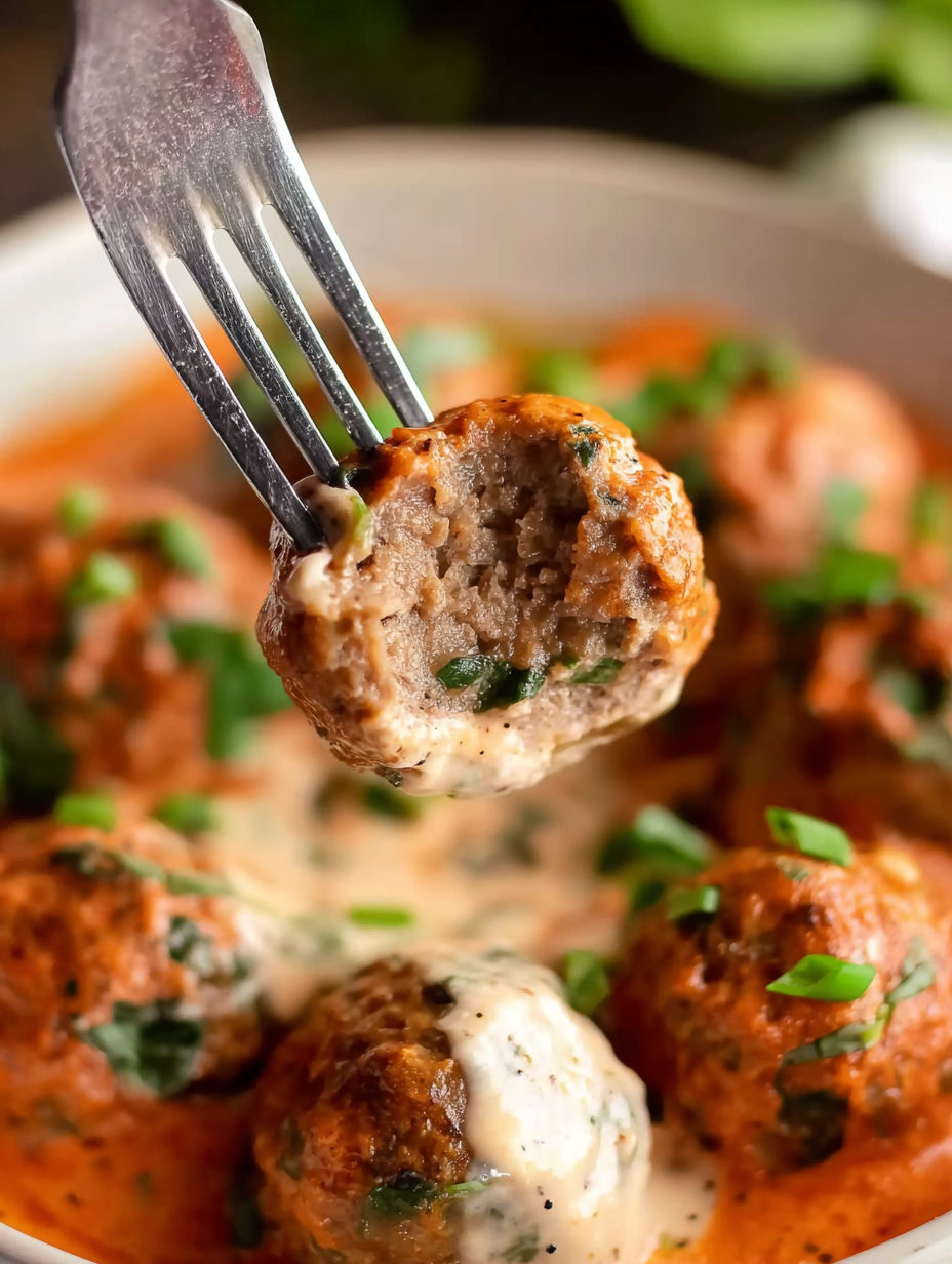 A fork is picking up a meatball covered in creamy tomato basil sauce.