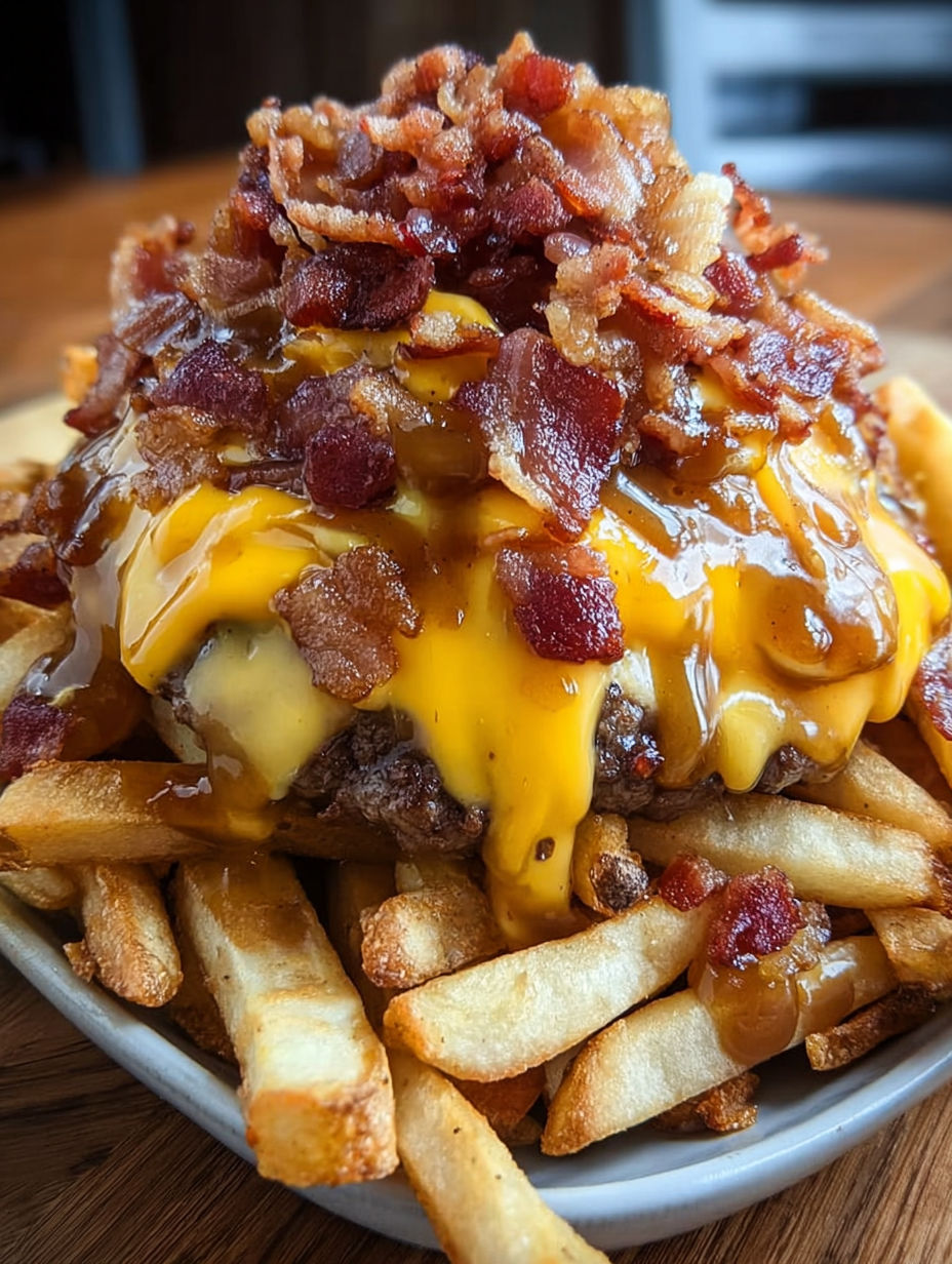 A close up of a maple glazed bacon cheeseburger poutine.