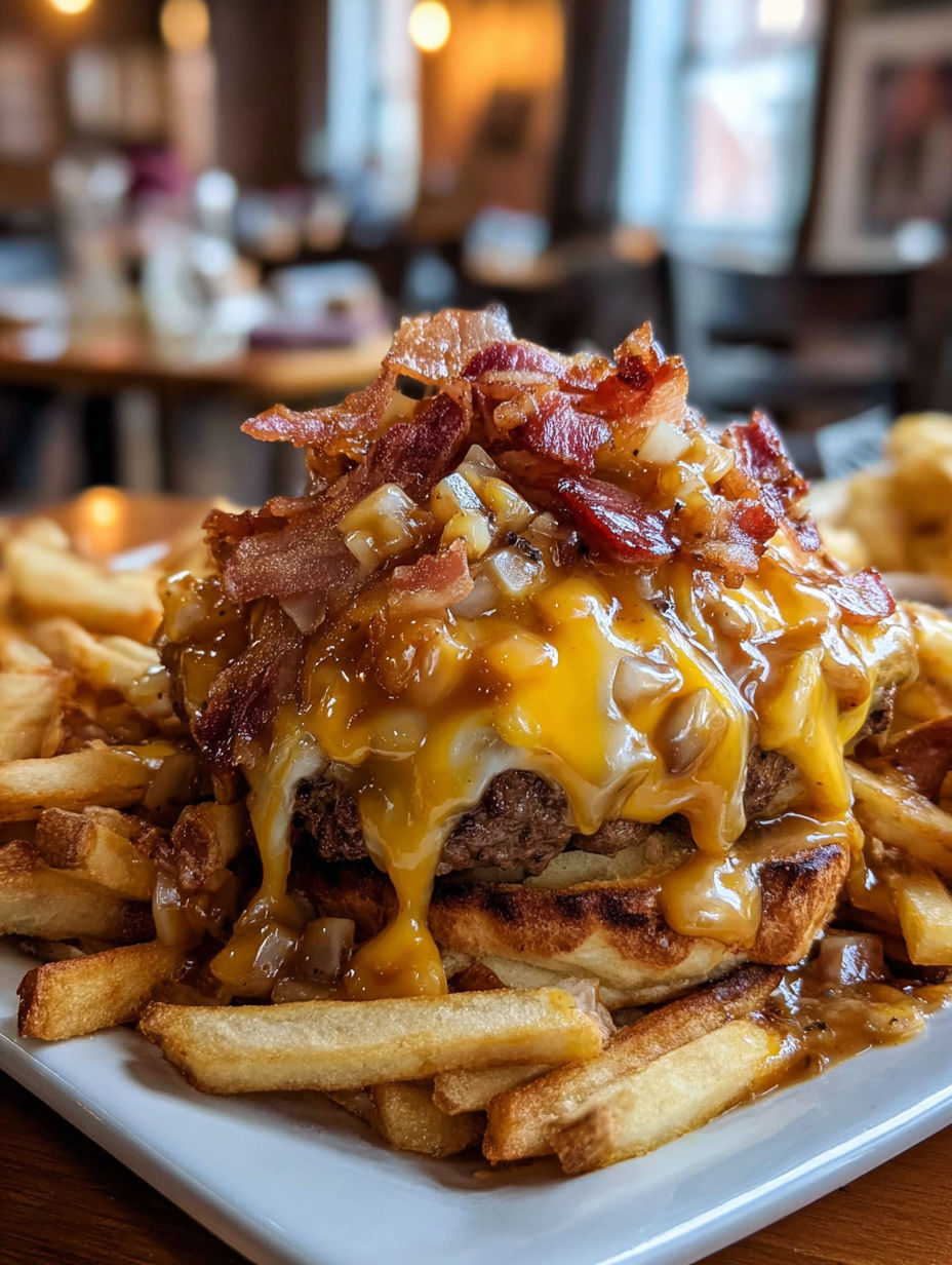 A plate of food with a maple glazed bacon cheeseburger poutine.