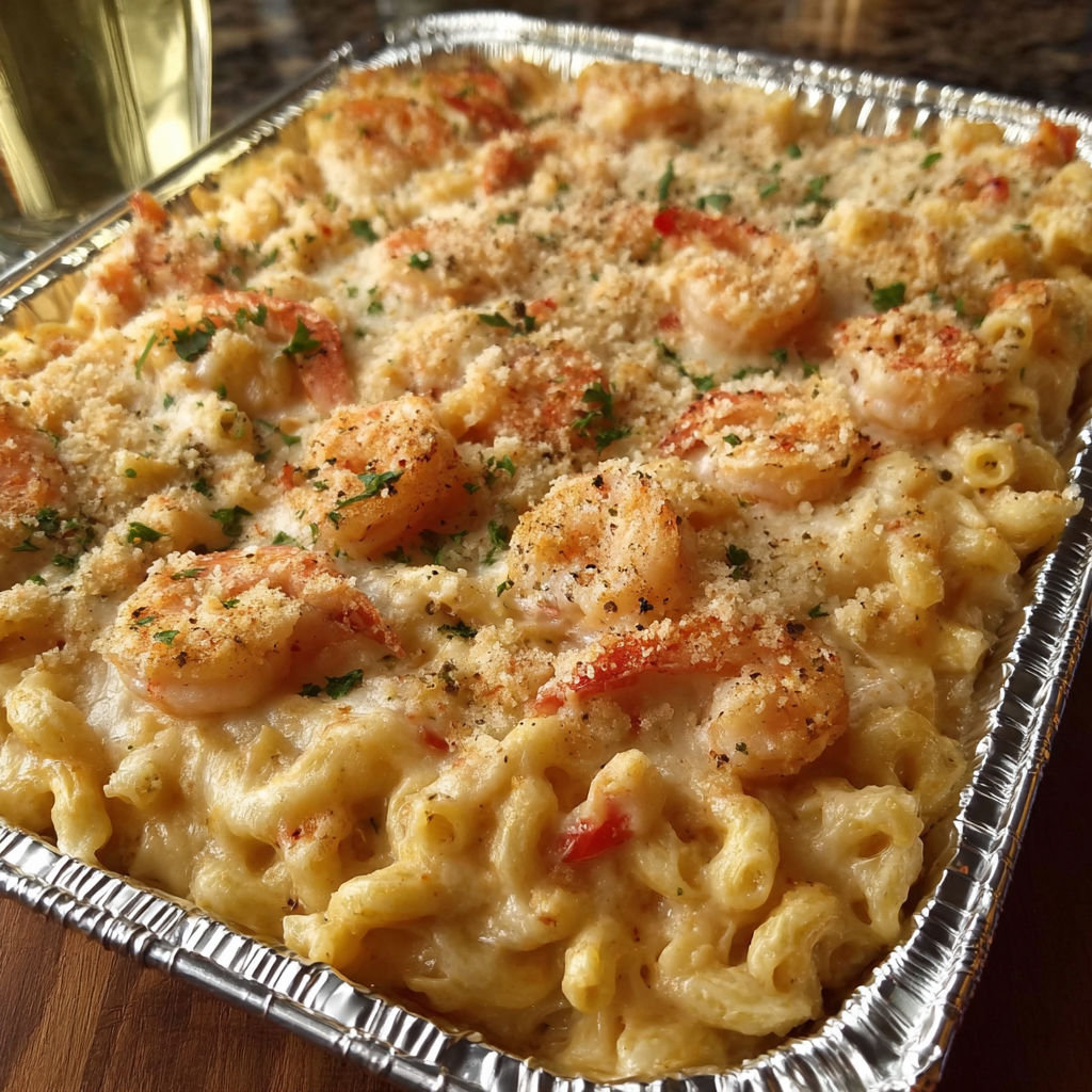 A seafood mac & cheese bake in a tin.