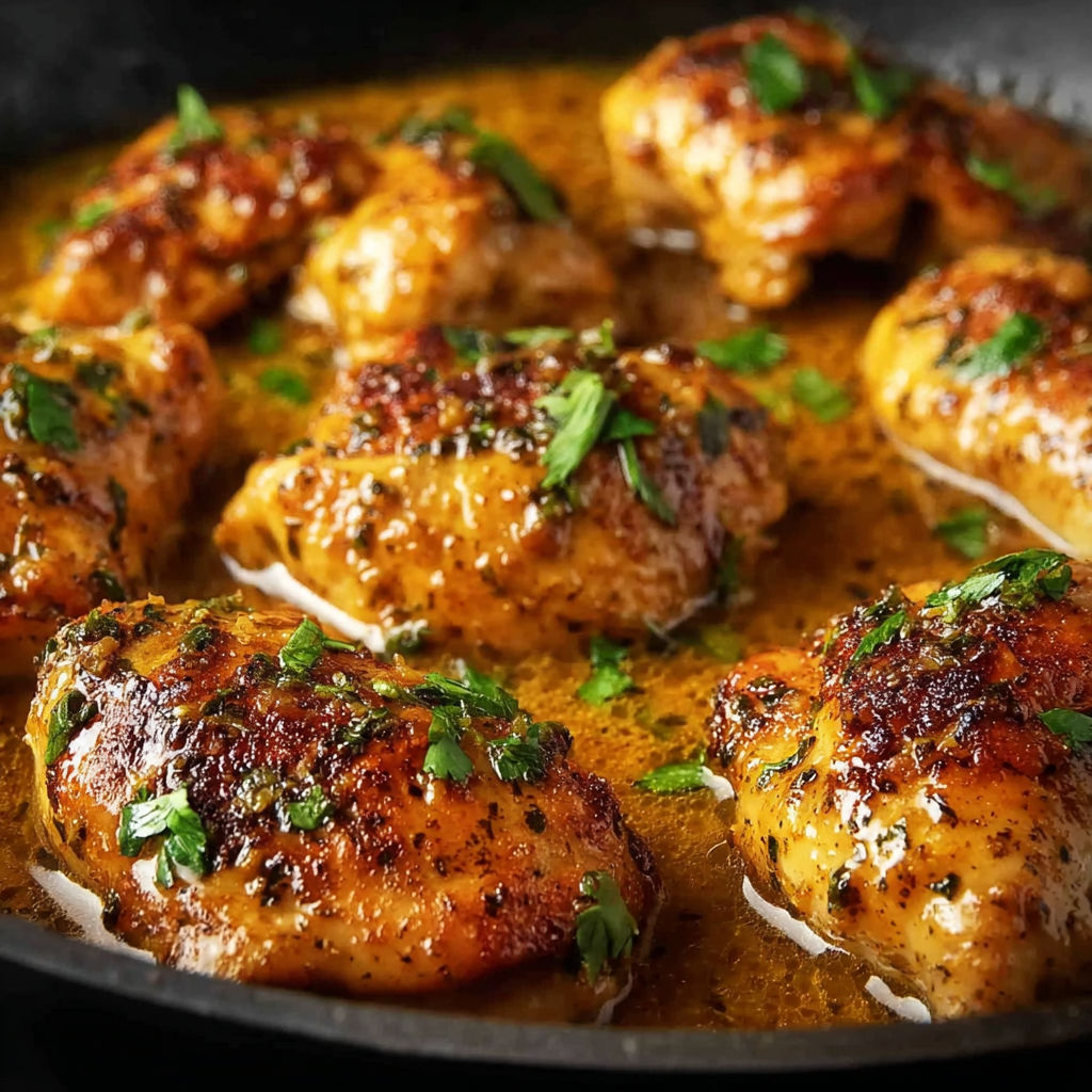 Chicken in a skillet with a sauce.