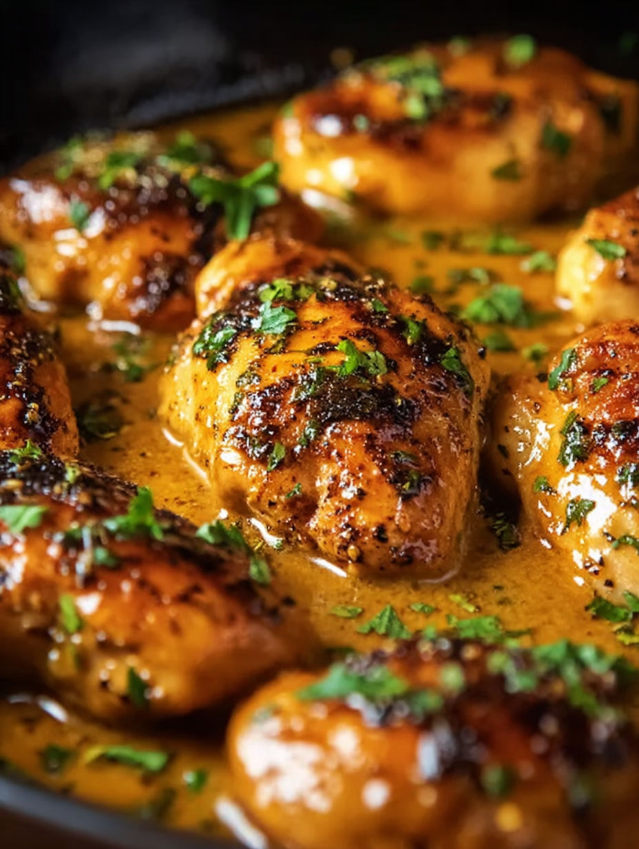 Chicken pieces in a skillet with sauce.