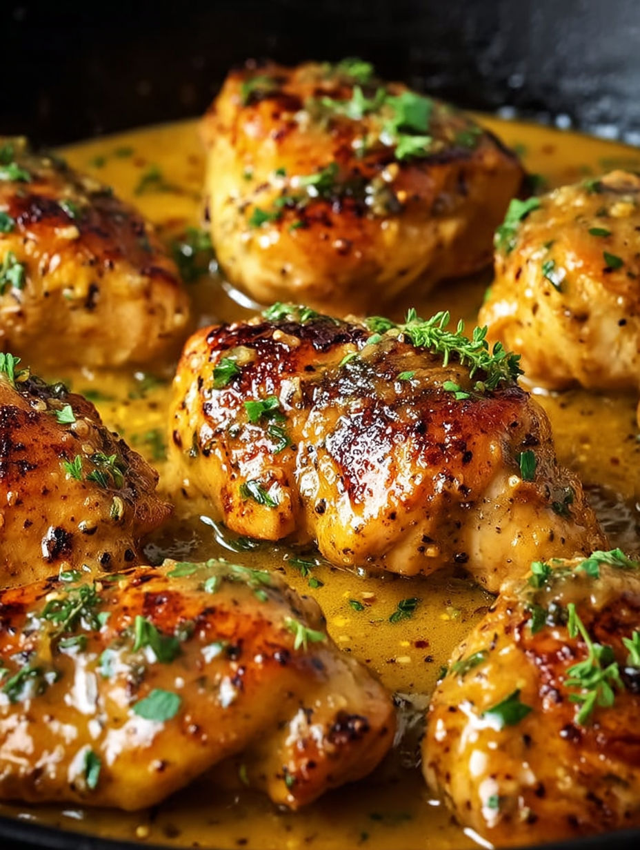 Chicken pieces in a skillet with sauce.