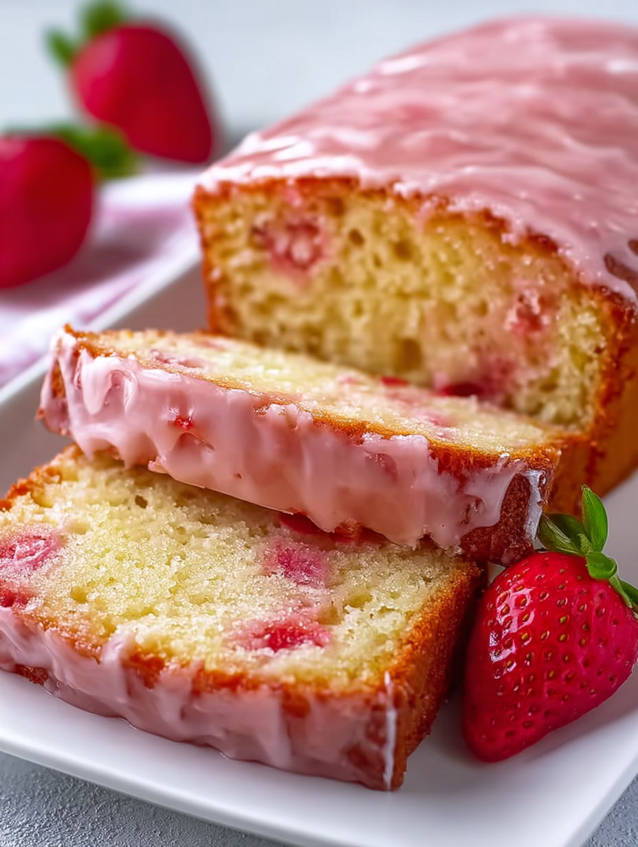 A slice of moist strawberry pound cake.