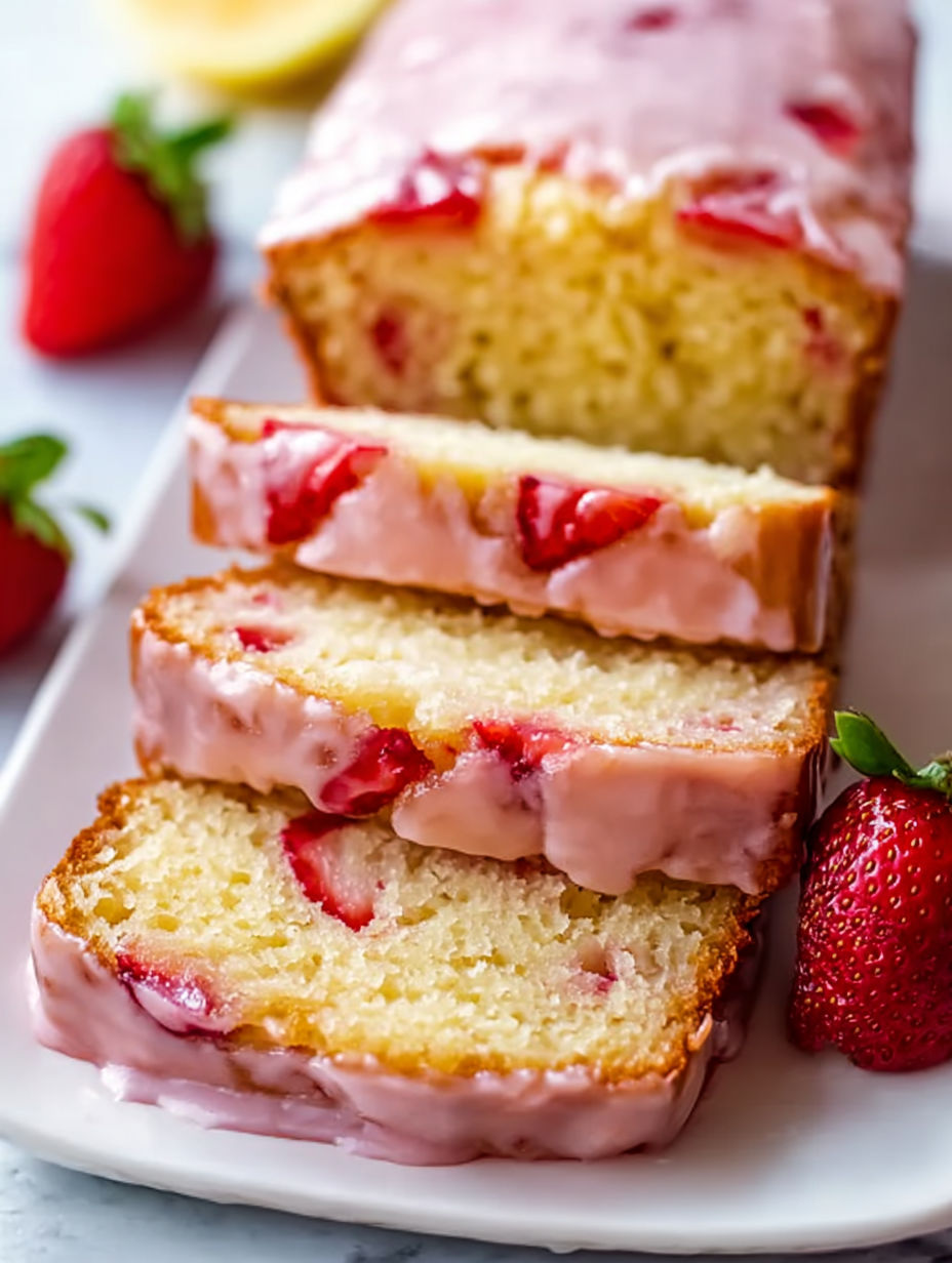 A slice of moist strawberry pound cake.