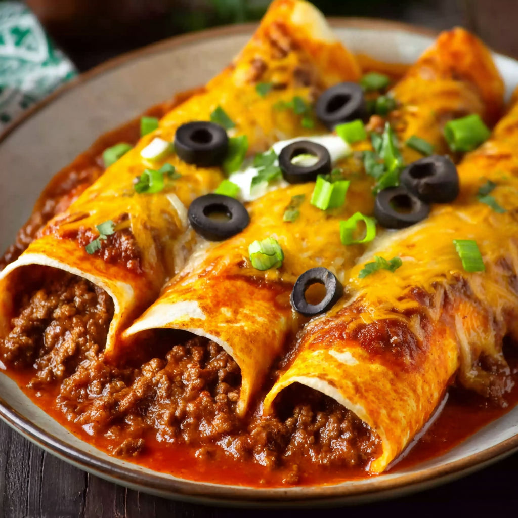 A plate of beef enchiladas with flour tortillas.