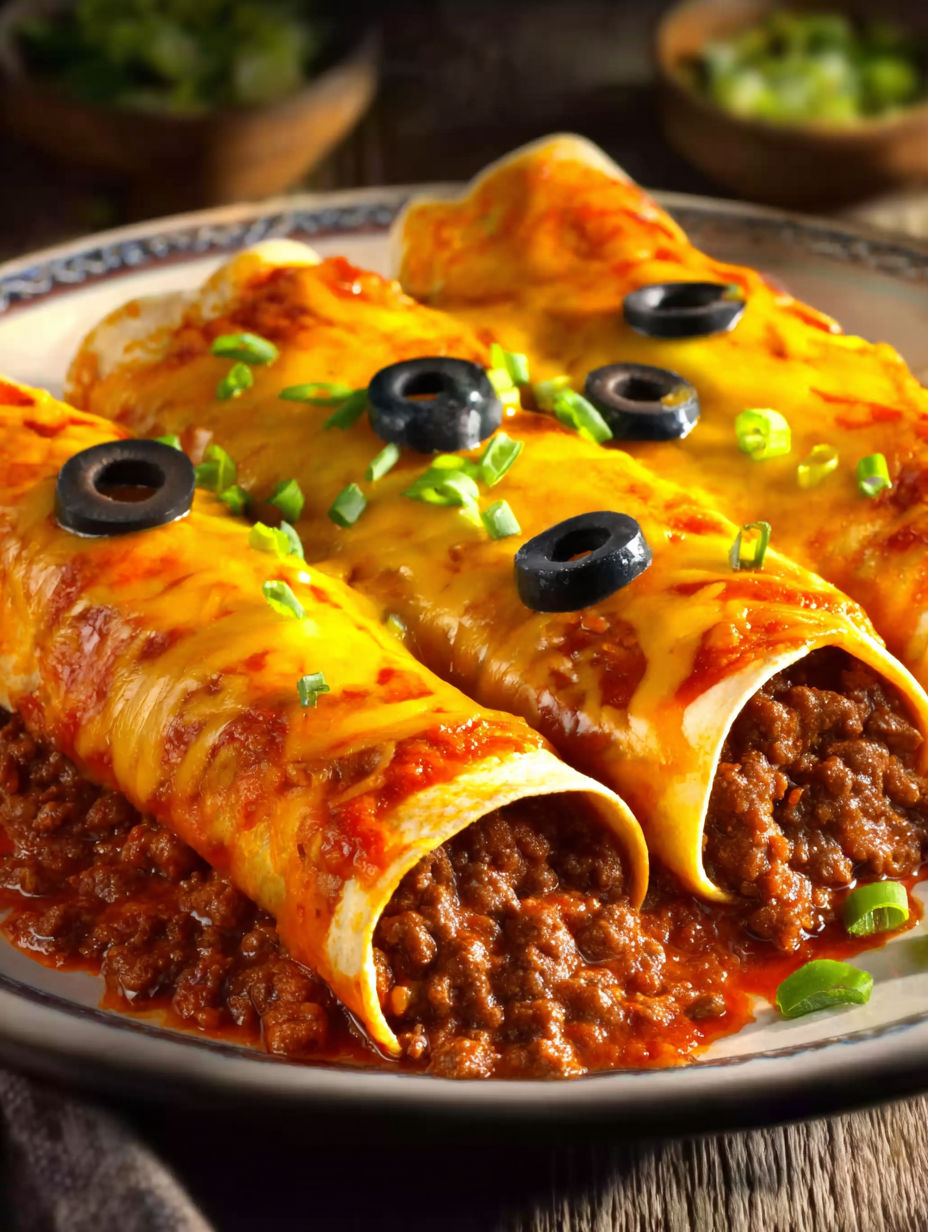 A plate of beef enchiladas with flour tortillas.