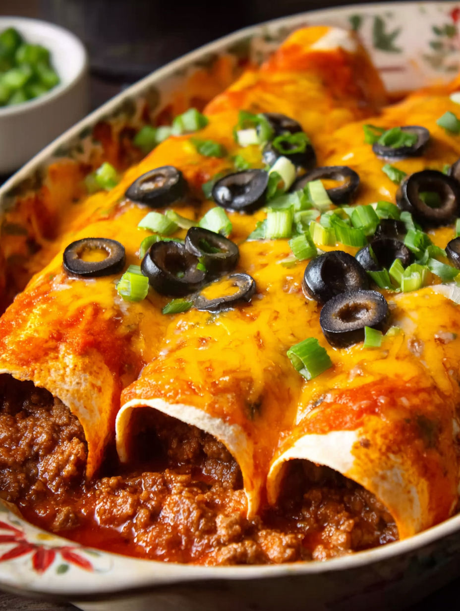 A plate of beef enchiladas with flour tortillas.