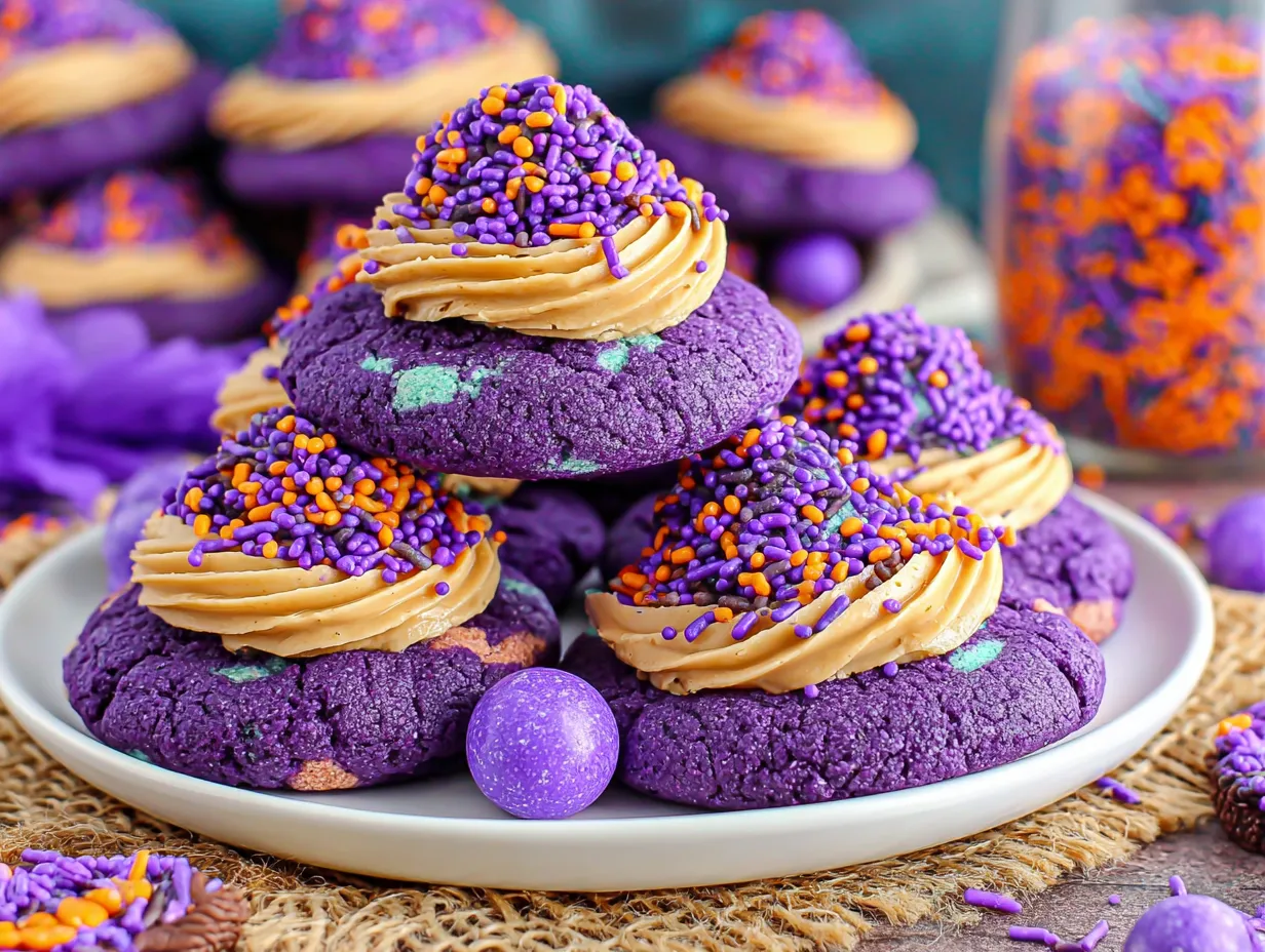 A plate of cookies with purple frosting and orange sprinkles.