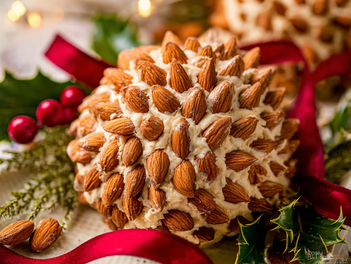 A white and brown nut covered in almonds.