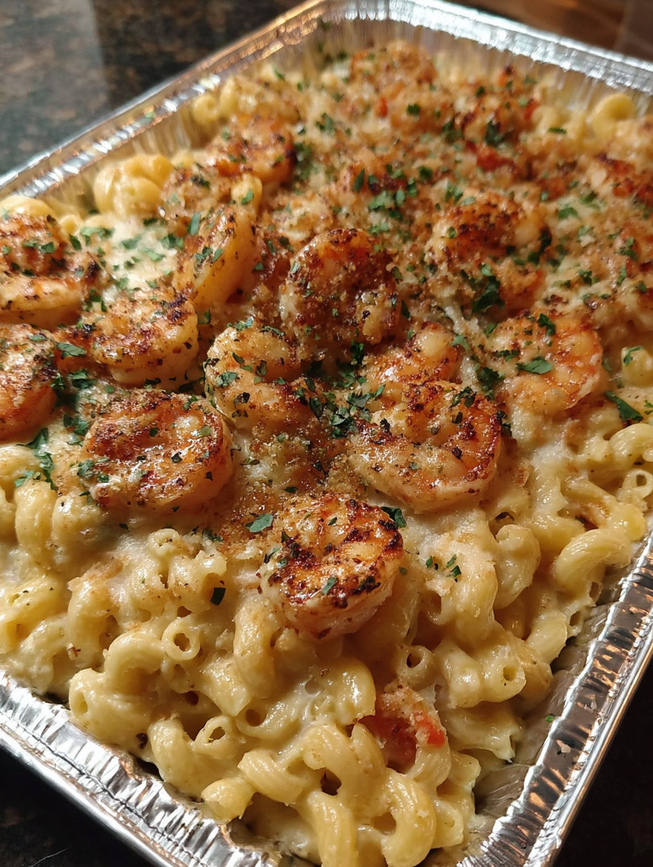 A seafood mac and cheese bake in a tin.