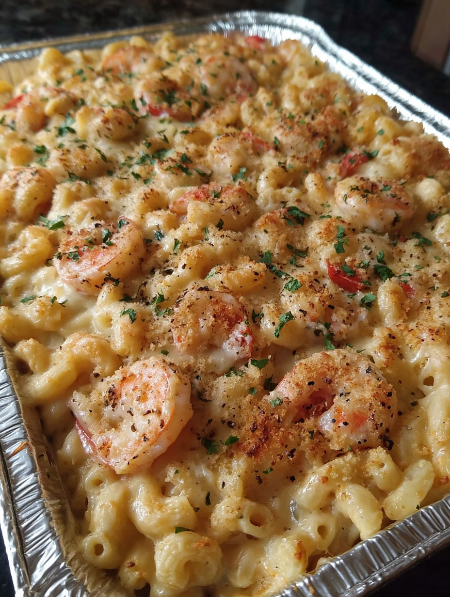 A seafood mac and cheese bake with shrimp and tomatoes.