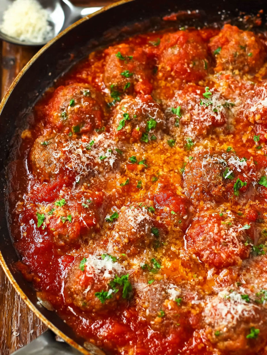 A pan of meatballs in a red sauce.