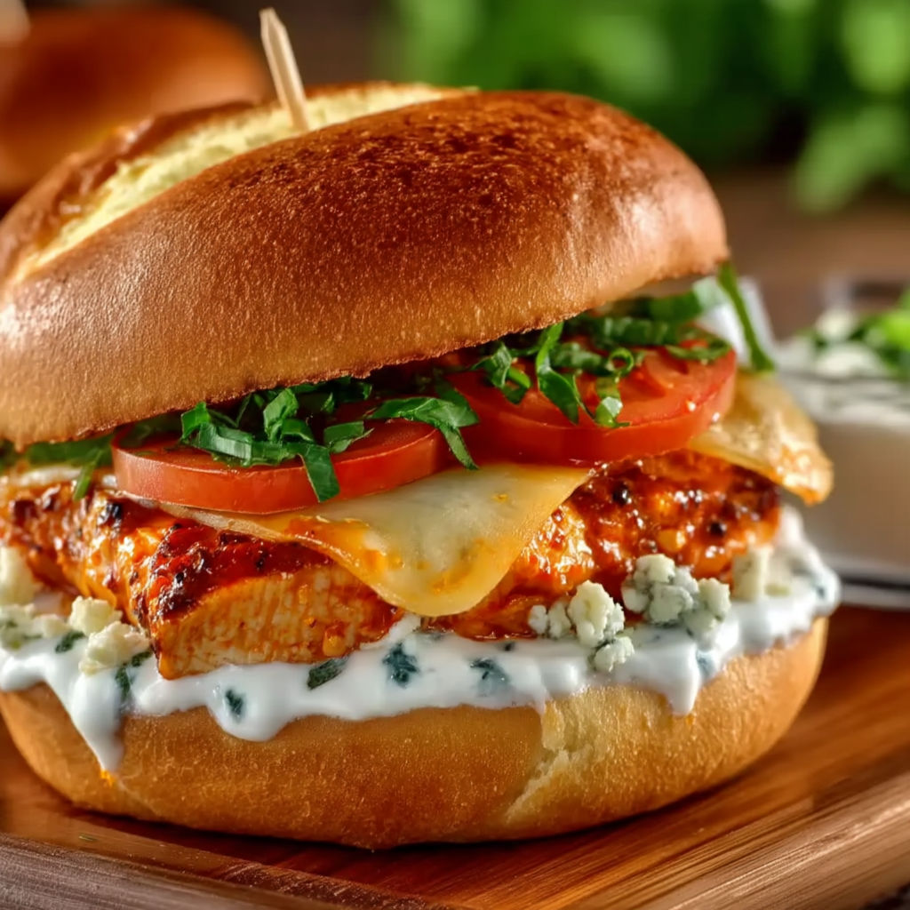 A buffalo chicken burger with lettuce and tomato.