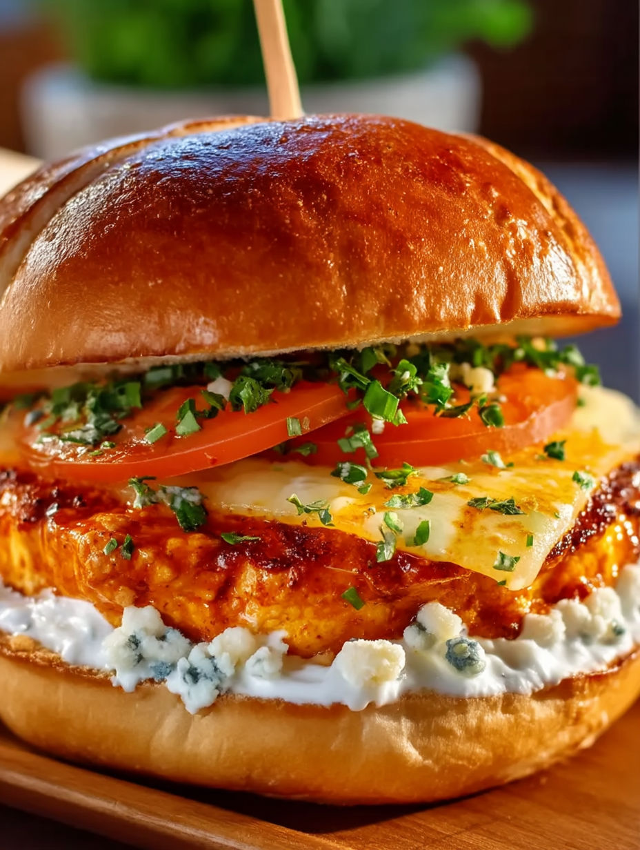 A close up of a buffalo chicken burger with cheese and tomatoes.
