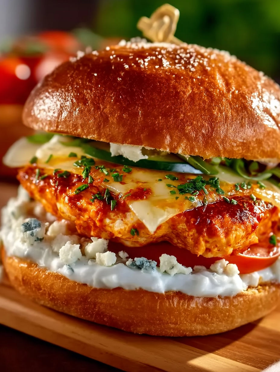 A close up of a buffalo chicken burger.