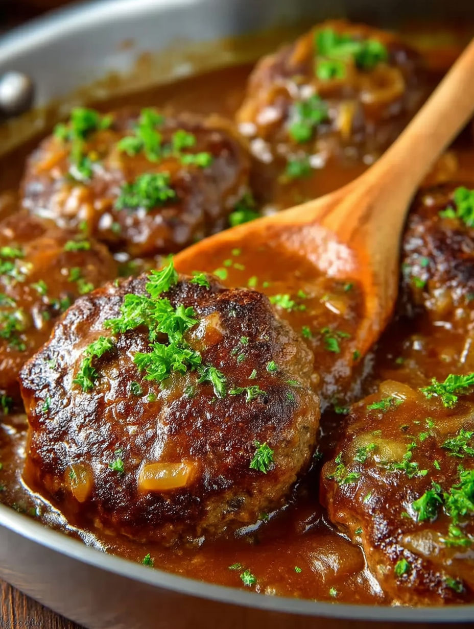 A bowl of Salisbury steak with green onions.