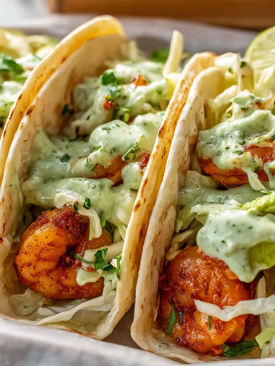 Two shrimp tacos with sauce.