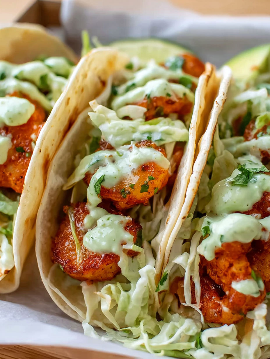 Two shrimp tacos with lettuce and sauce.