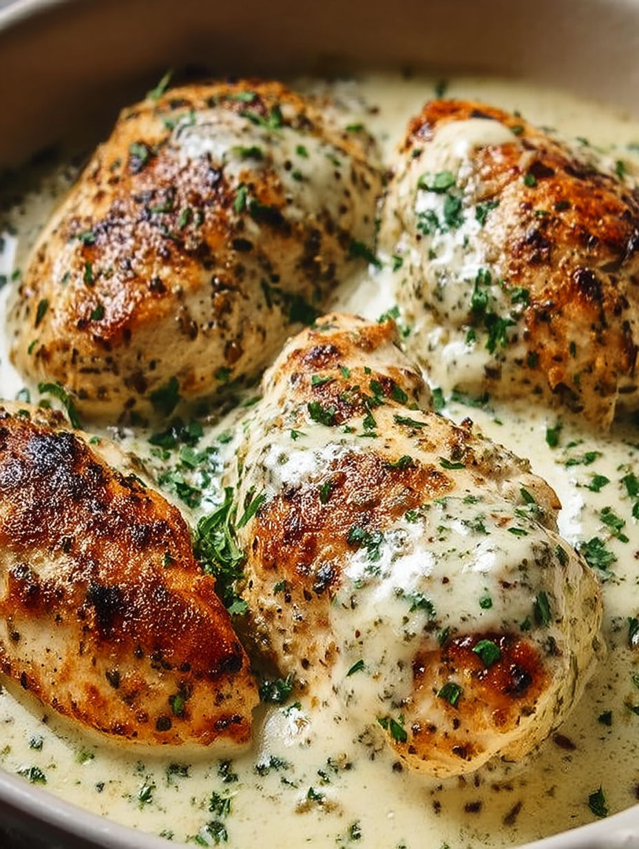 Baked cream cheese chicken with sauce.