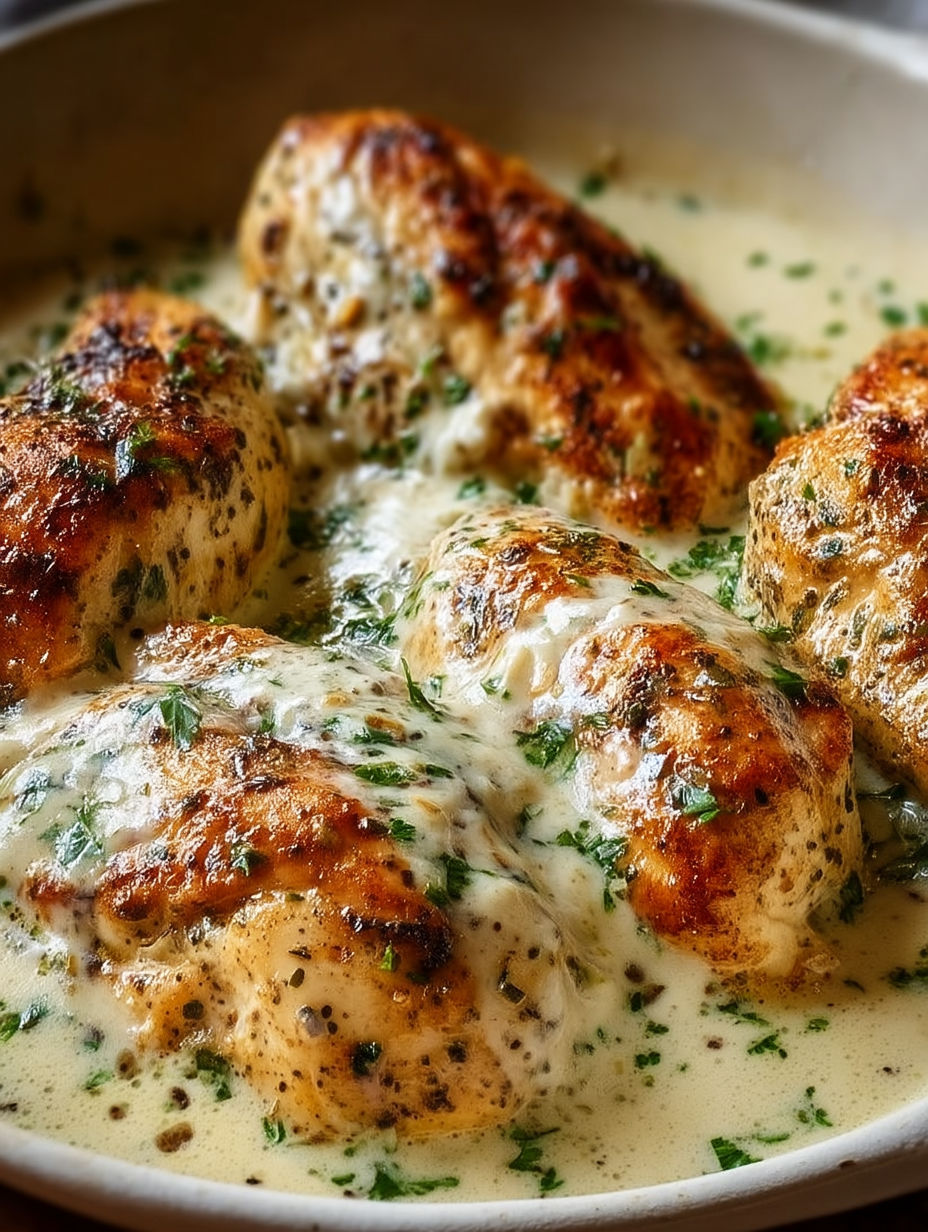 Baked chicken with cream cheese and herbs.