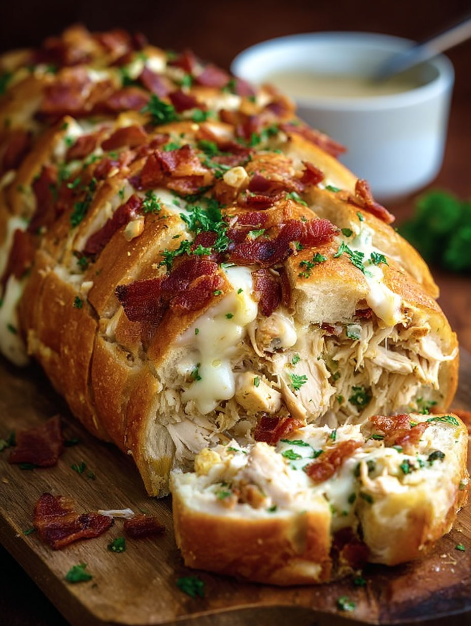 A large piece of bacon chicken ranch bread.