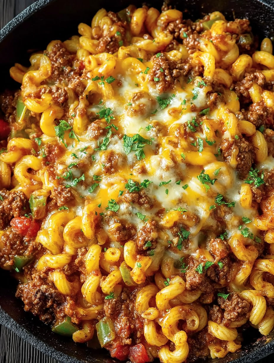 A bowl of chili mac and cheese.