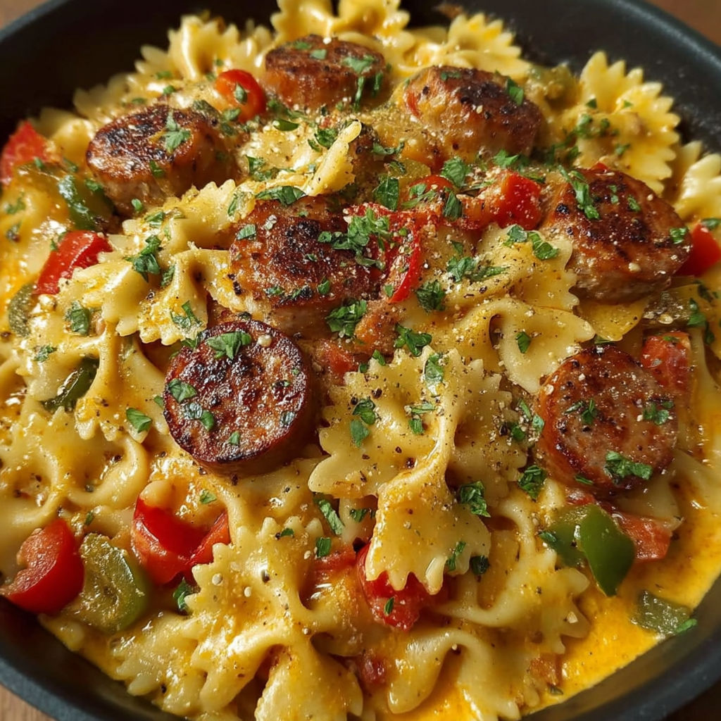 A bowl of pasta with sausage and tomatoes.