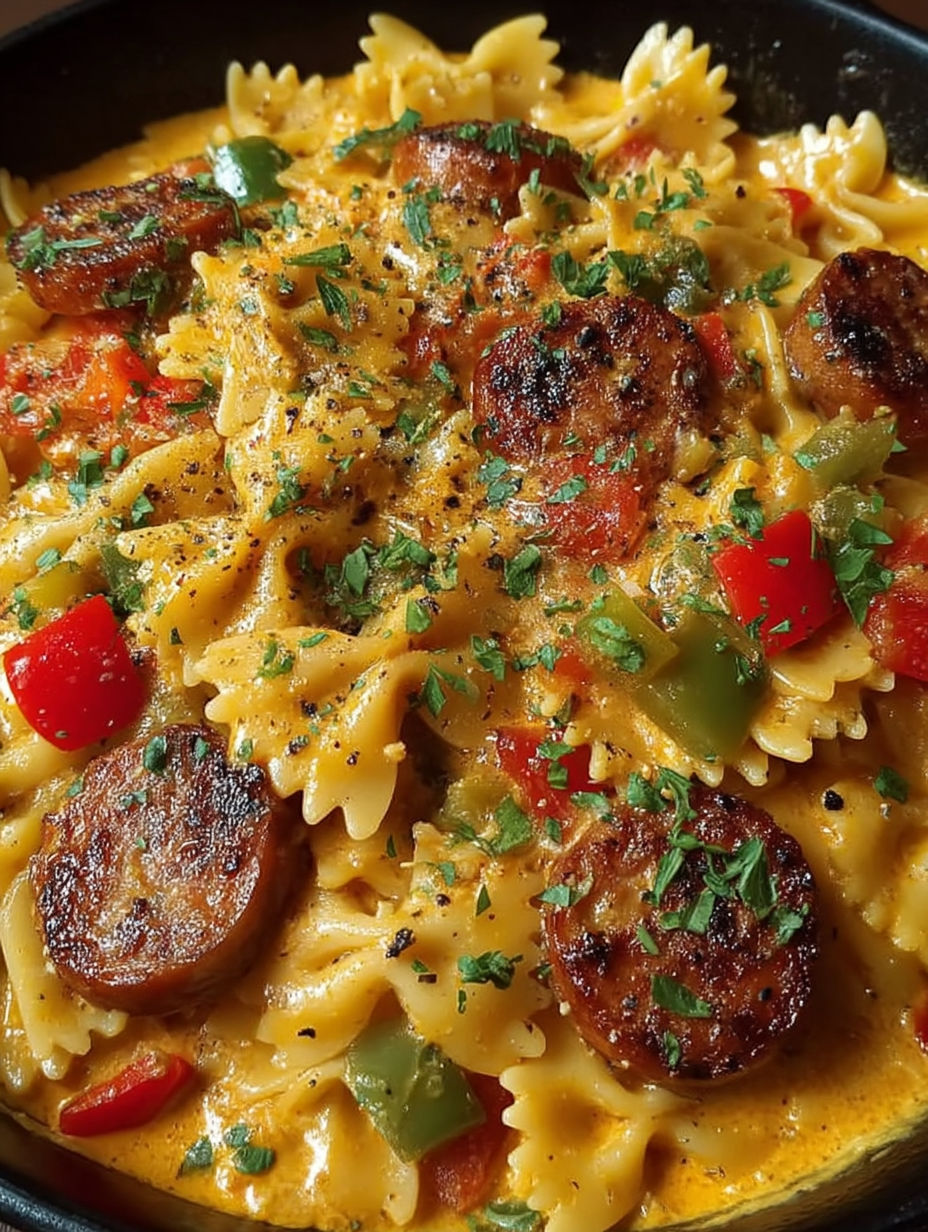 A bowl of pasta with sausage and peppers.
