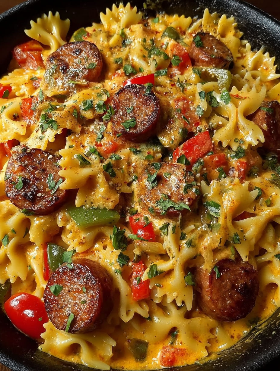 A plate of pasta with sausage and peppers.