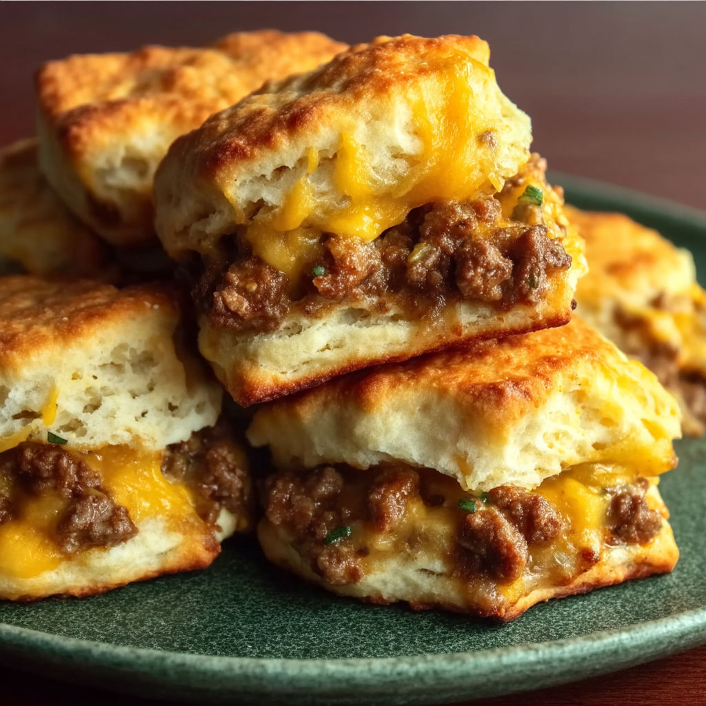 A plate of chopped cheeseburger biscuits bake.