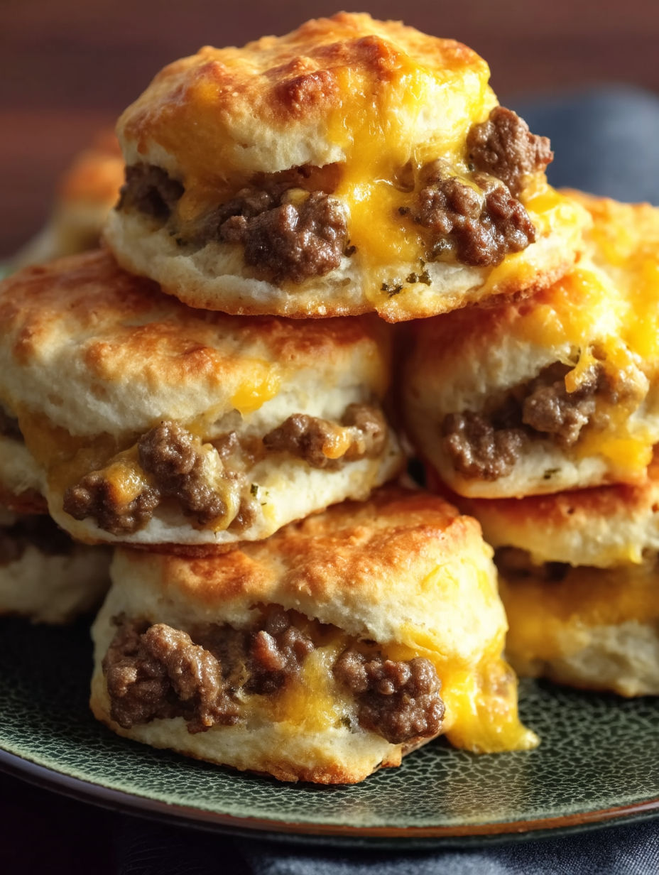 A stack of biscuits with chopped cheeseburger on top.