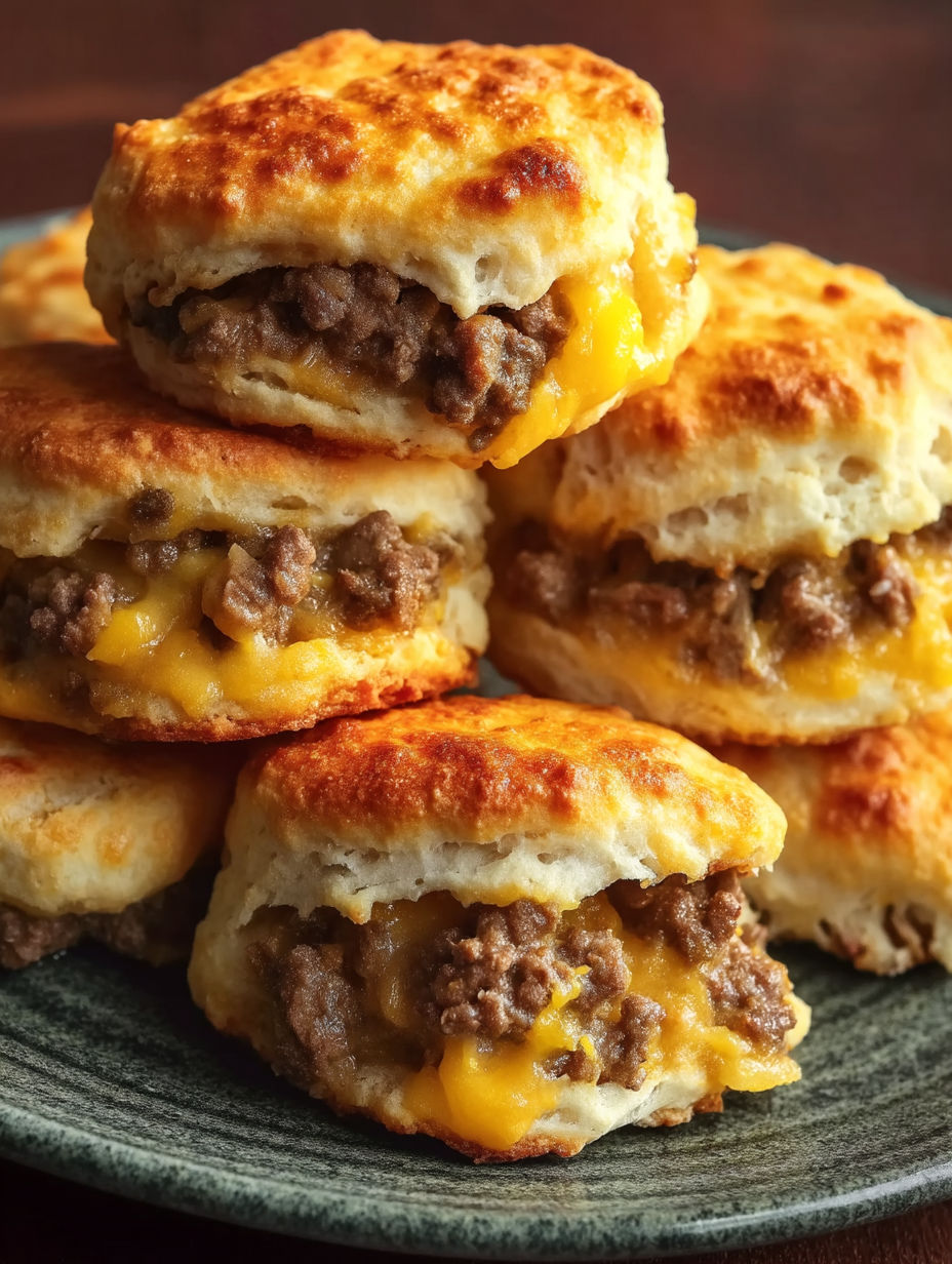 A stack of biscuits with chopped cheeseburger in the middle.