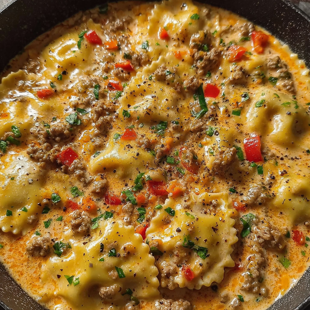 A bowl of creamy cajun sausage ravioli.